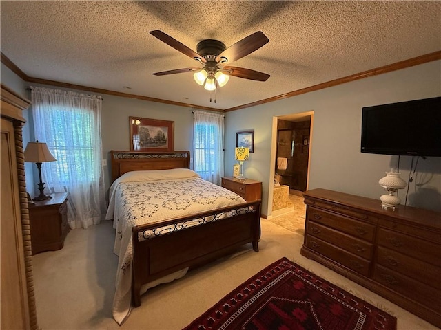 1200 Susan St, Kearney, MO 64060 - bedroom with light colored carpet, crown molding, a textured ceiling, a ceiling fan, and ensuite bath