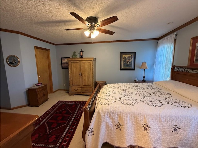 1200 Susan St, Kearney, MO 64060 - bedroom with crown molding, a textured ceiling, light colored carpet, and a ceiling fan