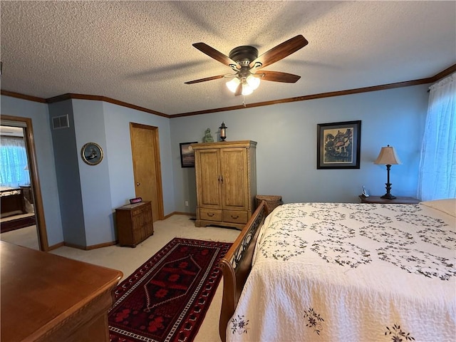1200 Susan St, Kearney, MO 64060 - bedroom with a textured ceiling, ornamental molding, ceiling fan, light colored carpet, and baseboards