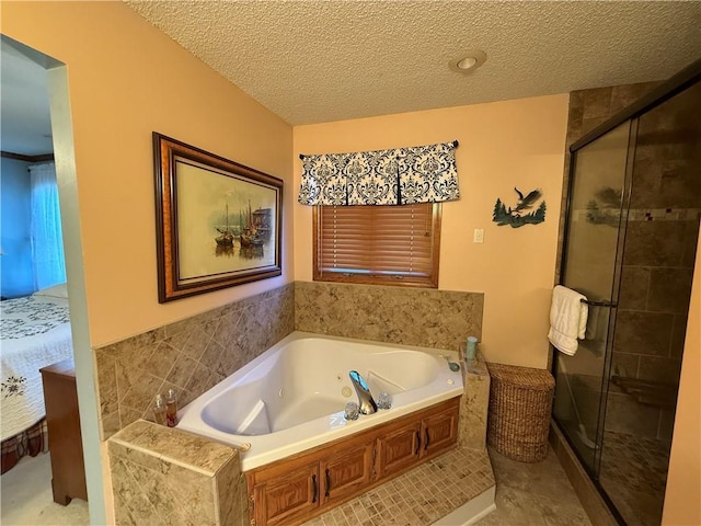 1200 Susan St, Kearney, MO 64060 - full bathroom featuring a jetted tub, a shower stall, and a textured ceiling