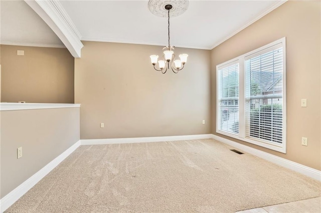 5428 W 145th Ter, Leawood, KS 66224 - unfurnished room with crown molding, a chandelier, carpet floors, and baseboards