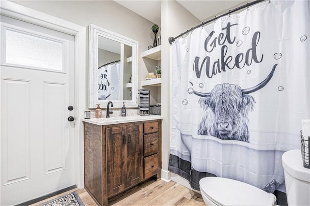 bathroom featuring vanity, wood finished floors, and toilet