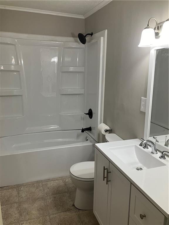 full bath featuring  shower combination, toilet, crown molding, and vanity