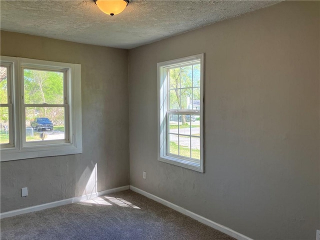 empty room featuring healthy amount of natural light, a textured ceiling, carpet, and baseboards