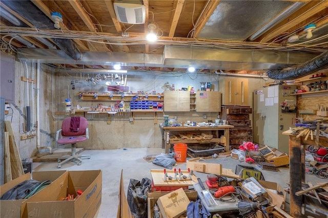 unfinished below grade area featuring a workshop area