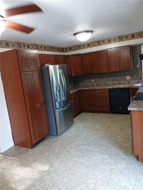 kitchen with stainless steel fridge with ice dispenser, dishwasher, ceiling fan, and a sink