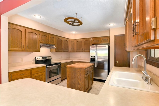 32832 195th St, Leavenworth, KS 66048 - kitchen featuring stainless steel appliances, under cabinet range hood, a sink, wood counters, and brown cabinets