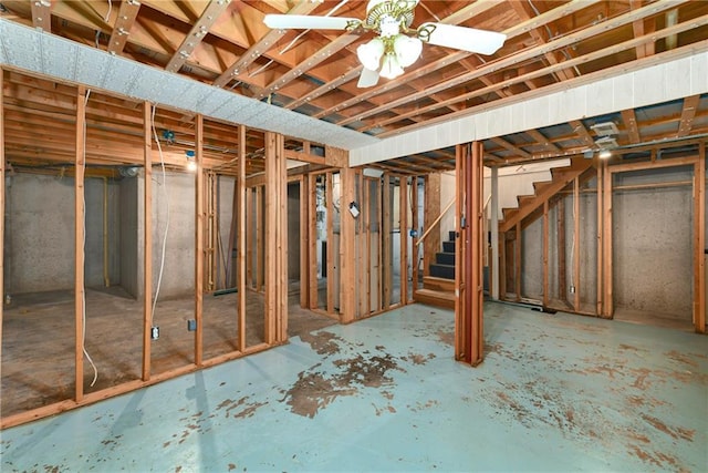 32832 195th St, Leavenworth, KS 66048 - unfinished below grade area with stairway and a ceiling fan