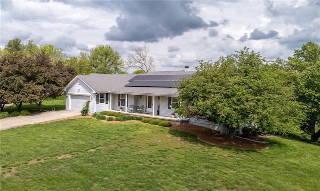 15404 NE 181st St, Holt, MO 64048 - view of front of home featuring a porch, a front lawn, solar panels, and a garage