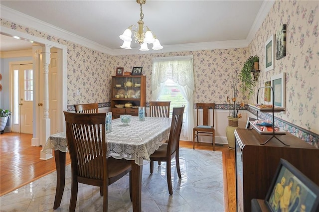 15404 NE 181st St, Holt, MO 64048 - dining space with crown molding, a chandelier, wallpapered walls, and light wood-style floors
