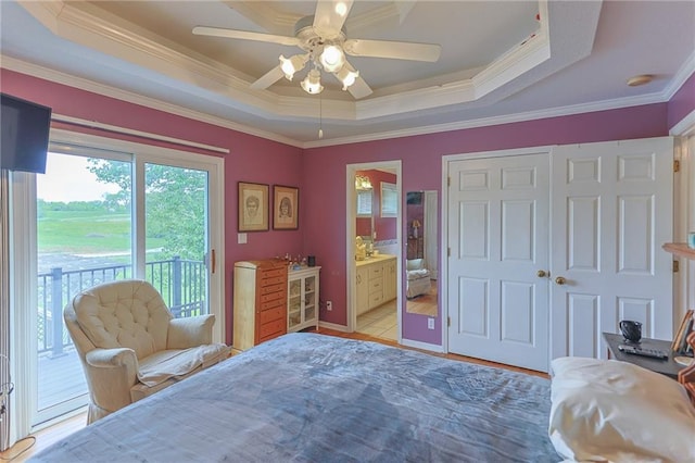 15404 NE 181st St, Holt, MO 64048 - bedroom featuring access to exterior, a raised ceiling, crown molding, ensuite bathroom, and a ceiling fan