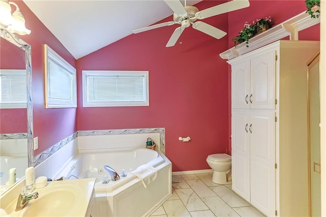 15404 NE 181st St, Holt, MO 64048 - bathroom with a ceiling fan, a garden tub, marble finish floors, vaulted ceiling, and toilet