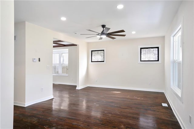 3009 Campbell St, Kansas City, MO 64109 - unfurnished room featuring ceiling fan, baseboards, dark wood-style floors, and recessed lighting