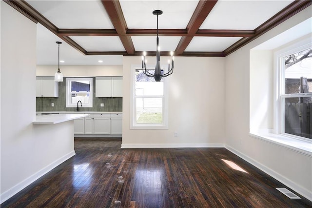 3009 Campbell St, Kansas City, MO 64109 - unfurnished dining area with visible vents, a chandelier, a sink, coffered ceiling, and dark wood-style floors