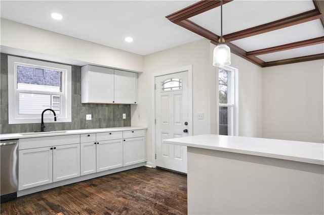 3009 Campbell St, Kansas City, MO 64109 - kitchen with a sink, light countertops, dark wood finished floors, backsplash, and stainless steel dishwasher