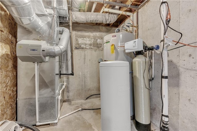 utility room featuring electric water heater and heating unit