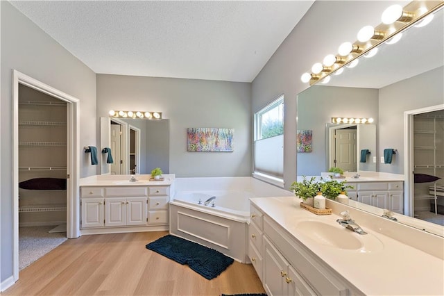 bathroom featuring a bath, a sink, a spacious closet, wood finished floors, and two vanities