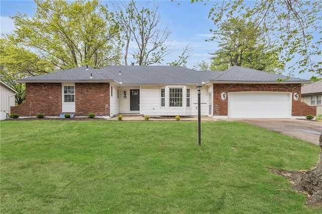 single story home featuring a front yard, brick siding, driveway, roof with shingles, and an attached garage