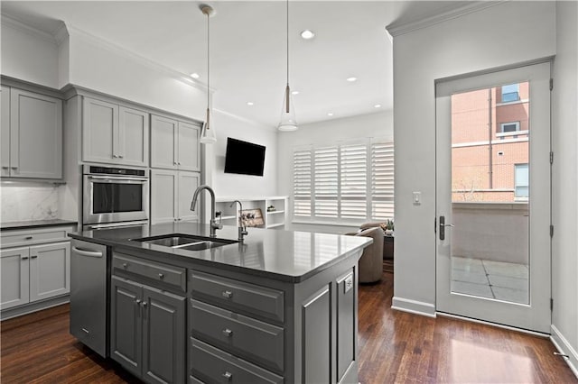 4924 Central St, Kansas City, MO 64112 - kitchen featuring dark countertops, oven, gray cabinets, and a sink