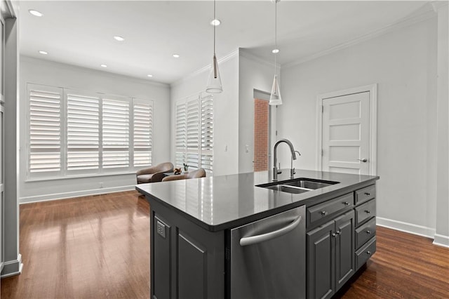 4924 Central St, Kansas City, MO 64112 - kitchen featuring stainless steel dishwasher, a sink, dark wood finished floors, crown molding, and an island with sink