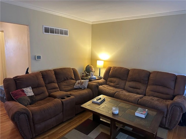 4209 Clark Ave Unit 4209-4, Kansas City, MO 64111 - living room with crown molding, wood finished floors, and visible vents
