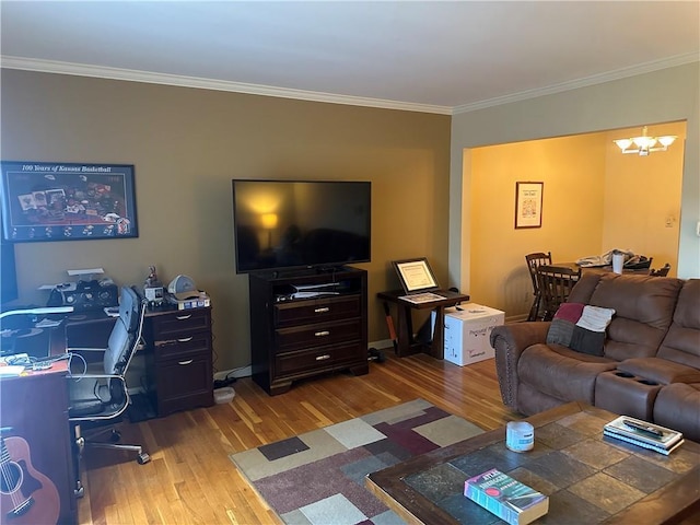 4209 Clark Ave Unit 4209-4, Kansas City, MO 64111 - living room with a chandelier, baseboards, ornamental molding, and wood finished floors