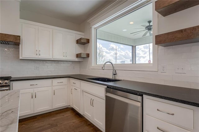 8216 NW 89th Ter, Kansas City, MO 64153 - kitchen with open shelves, a sink, ceiling fan, white cabinetry, and stainless steel appliances