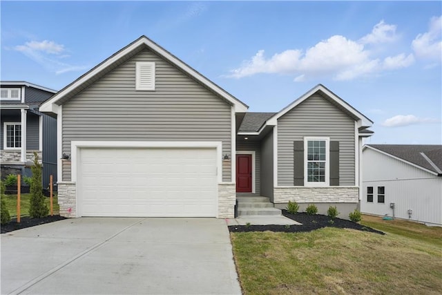 2433 NW Sunnyvale Ct, Blue Springs, MO 64015 - ranch-style home featuring stone siding, driveway, a front yard, and an attached garage