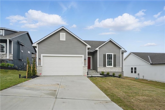 2433 NW Sunnyvale Ct, Blue Springs, MO 64015 - view of front facade featuring stone siding, driveway, a front yard, and a garage