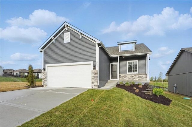 2429 NW Sunnyvale Ct, Blue Springs, MO 64015 - view of front facade with driveway, roof with shingles, a garage, a front lawn, and stone siding