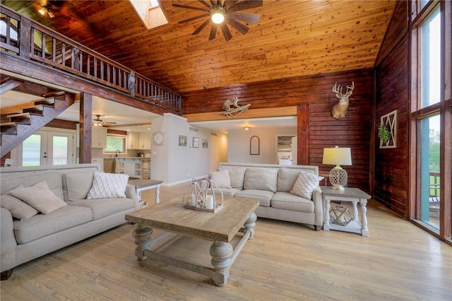 43 901st Rd, Clinton, MO 64735 - living area featuring wooden ceiling, wooden walls, a ceiling fan, and light wood finished floors