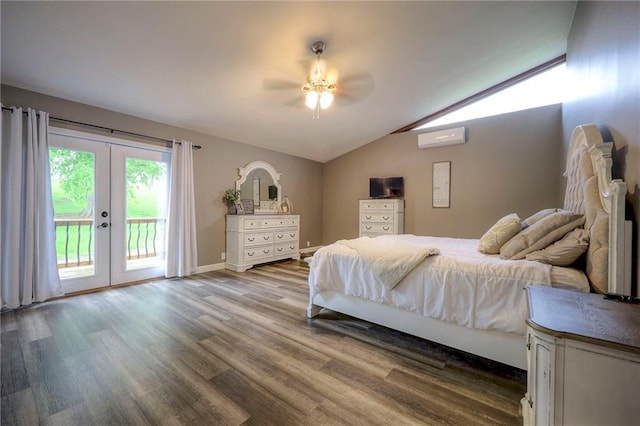 43 901st Rd, Clinton, MO 64735 - bedroom featuring a wall mounted air conditioner, wood finished floors, french doors, access to exterior, and lofted ceiling