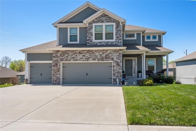 309 NE 102nd Ter, Kansas City, MO 64155 - craftsman-style house featuring stone siding, an attached garage, driveway, and a front yard