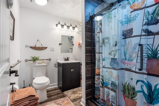 309 NE 102nd Ter, Kansas City, MO 64155 - bathroom with wood finished floors, toilet, vanity, baseboards, and a stall shower