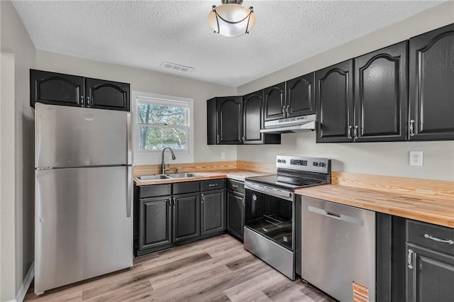 2411 NE 60th St, Gladstone, MO 64118 - kitchen featuring a sink, butcher block countertops, appliances with stainless steel finishes, under cabinet range hood, and visible vents