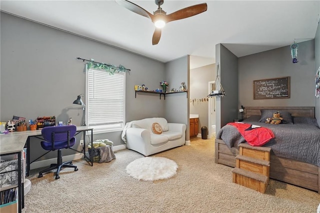 797 NW 1621st Rd, Bates City, MO 64011 - bedroom featuring carpet flooring, baseboards, ceiling fan, and connected bathroom