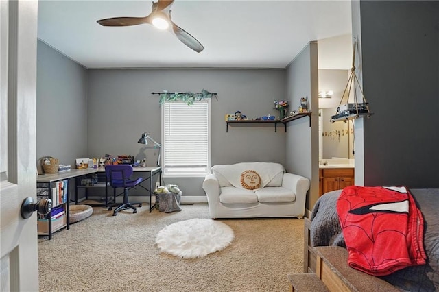 797 NW 1621st Rd, Bates City, MO 64011 - bedroom with connected bathroom, a sink, carpet, a ceiling fan, and baseboards