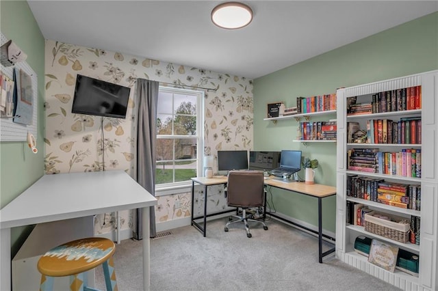 12631 Fountain Lake Cir, Grandview, MO 64030 - office with wallpapered walls and carpet floors