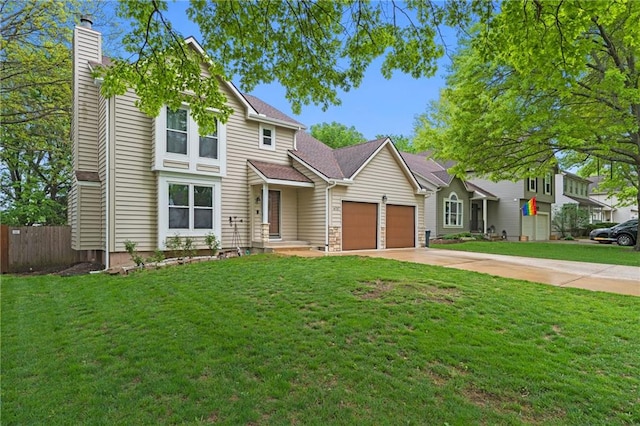 traditional home with driveway, a chimney, a front yard, a garage, and fence