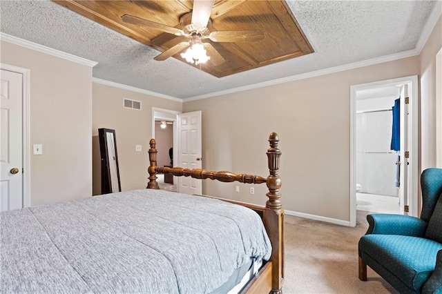 bedroom with visible vents, crown molding, baseboards, light colored carpet, and a textured ceiling