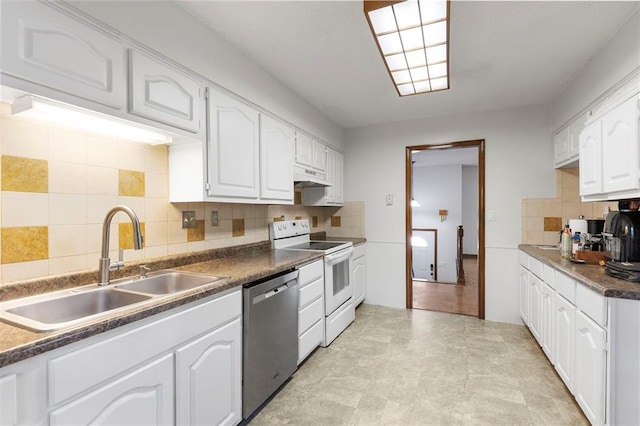 83 Grandview Dr, Warrensburg, MO 64093 - kitchen with white range with electric cooktop, stainless steel dishwasher, under cabinet range hood, tasteful backsplash, and white cabinets