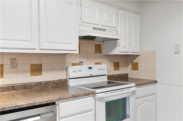 83 Grandview Dr, Warrensburg, MO 64093 - kitchen featuring white range with electric stovetop, under cabinet range hood, dark countertops, white cabinetry, and stainless steel dishwasher