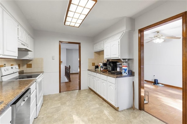 83 Grandview Dr, Warrensburg, MO 64093 - kitchen featuring dishwasher, white range with electric stovetop, under cabinet range hood, white cabinetry, and ceiling fan