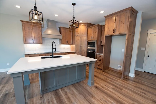 kitchen with baseboards, a sink, premium range hood, decorative backsplash, and stainless steel appliances