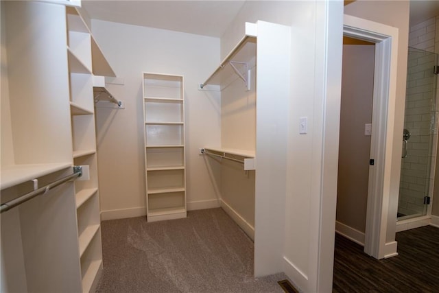 walk in closet with dark colored carpet