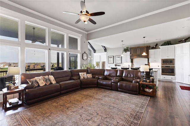 6840 Belmont Dr, Shawnee, KS 66226 - living room featuring a ceiling fan, dark wood-style floors, and ornamental molding