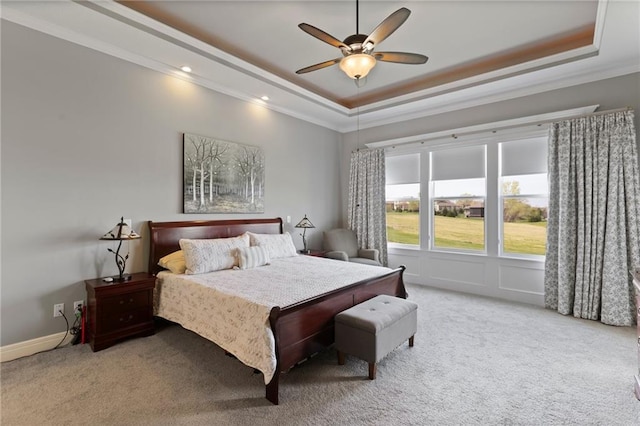 6840 Belmont Dr, Shawnee, KS 66226 - bedroom with baseboards, a tray ceiling, carpet, and ornamental molding