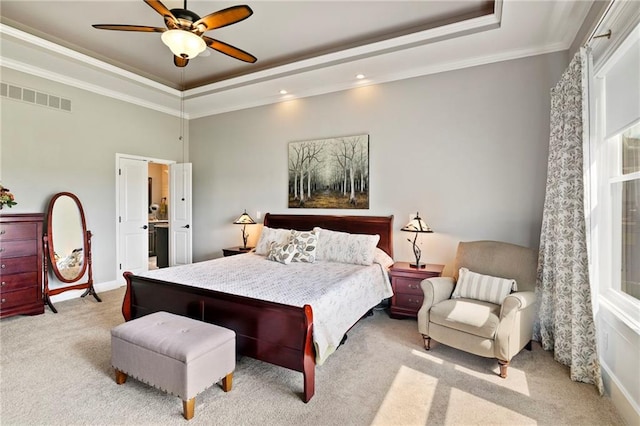 6840 Belmont Dr, Shawnee, KS 66226 - carpeted bedroom with a raised ceiling, crown molding, and ceiling fan