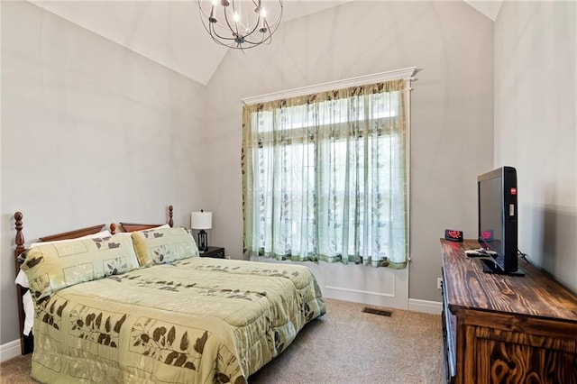 6840 Belmont Dr, Shawnee, KS 66226 - bedroom featuring lofted ceiling, carpet flooring, and a chandelier
