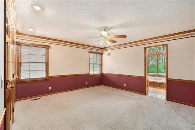spare room featuring crown molding, a ceiling fan, carpet, and a textured ceiling